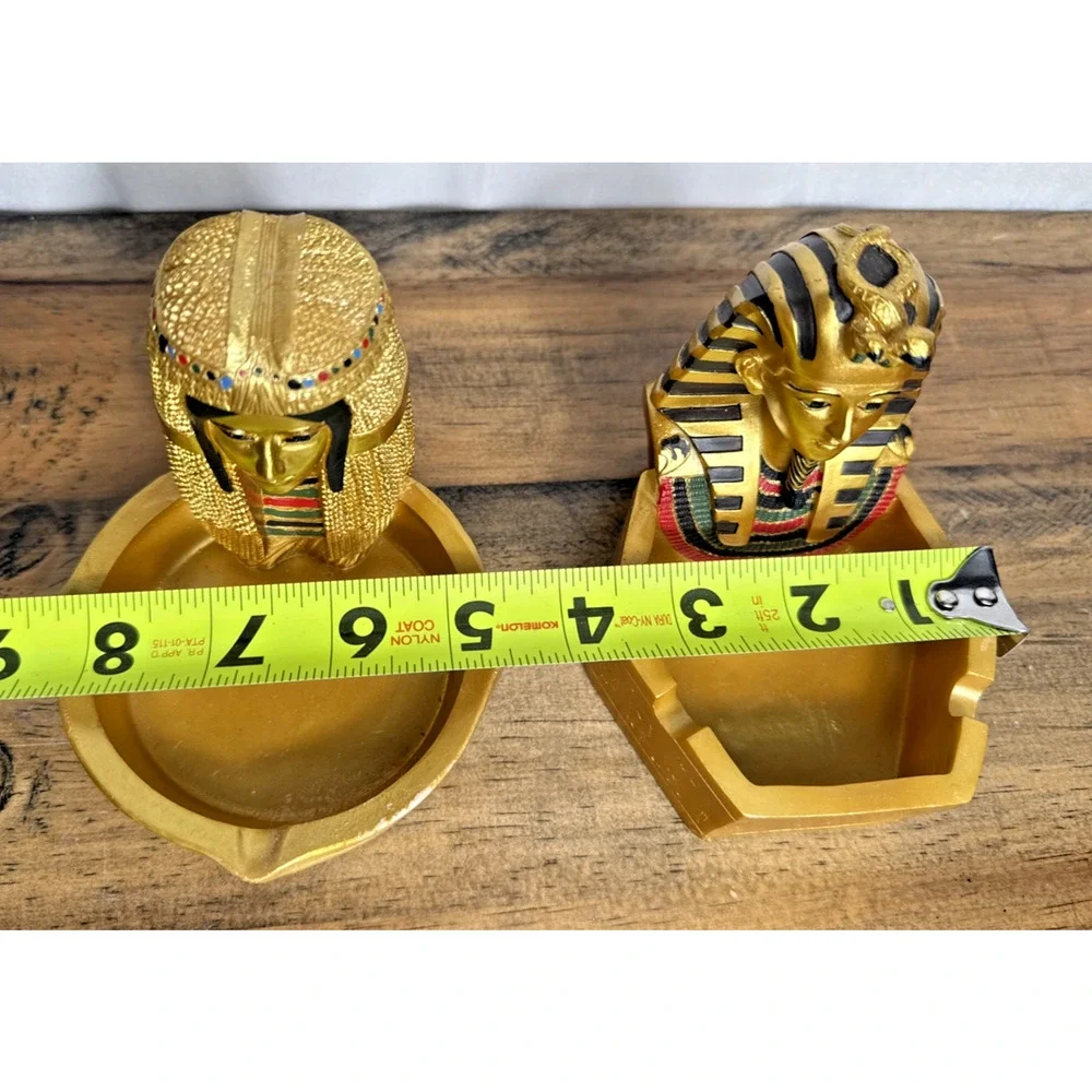 Egyptian Ashtray Set King Tut Cleopatra Gold Colored Resin Egypt Pharaoh Theme